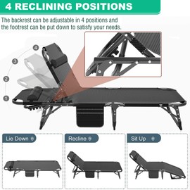 Portable Folding Camping Cot, Adjustable 4-Position Adults Reclining Chaise with Pillow, Outdoor Lounge Chair Sleeping Cots Bed, Perfect for Camping, Pool, Beach, Patio