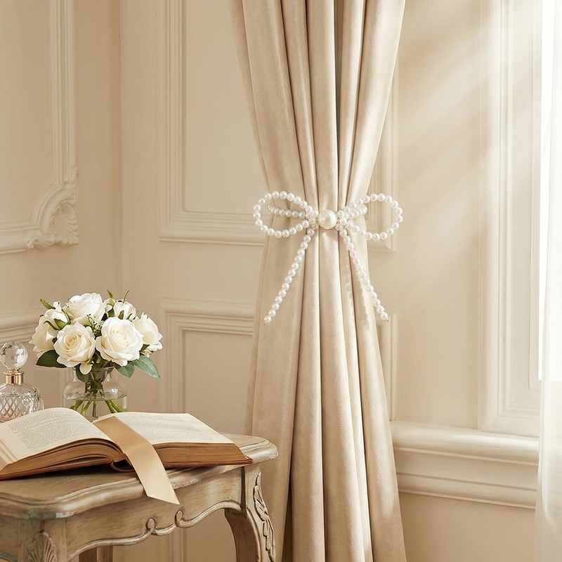No Drill Magnetic Curtain Tiebacks, 2 Pcs Elegant Pearl Bow
