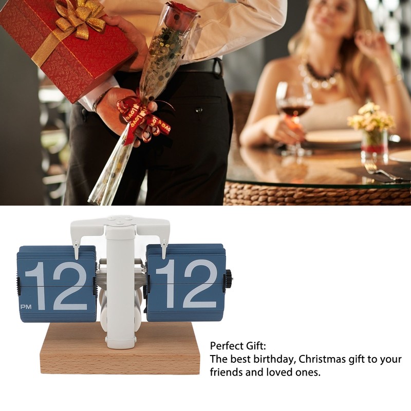 Flip Desk Clock Auto Mechanical Flip 12H AM PM Wood