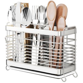 IWNTWY Utensil Holder, 3 Compartments Stainless Steel Utensil Drying Rack, Dish Drainer for Kitchen Counter, Silverware Cutlery Flatware Holder Forks, Knives, Spoons, Chopsticks Organizer (Silver)