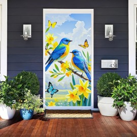 BlissYard Spring Door Banner Spring Door Cover Decorative with Bluebirds and Daffodils Spring Backdrop 70x35 Inch Seasonal Welcome Sign Vertical Decoration Door Hanging for Porch Entryway Garden Decor
