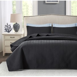 Maple&Stone Quilt Set King Size, Lightweight Black Bedspread Ultrasonic Chevron Pattern Light Coverlet for All Season Comforter Bedding Decor - 3 Piece King Bed Cover Sets