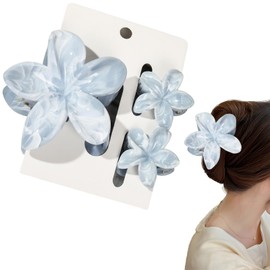 Flomiara 3PCS Flower Hair Clips for Women, Hawaiian Hair Claws Summer Travel Hair Accessories, Lateral Strong Hold, Printing Claw Clip Hairpin for Girls Women Thick Thin Hair, Marble Gray Blue Set