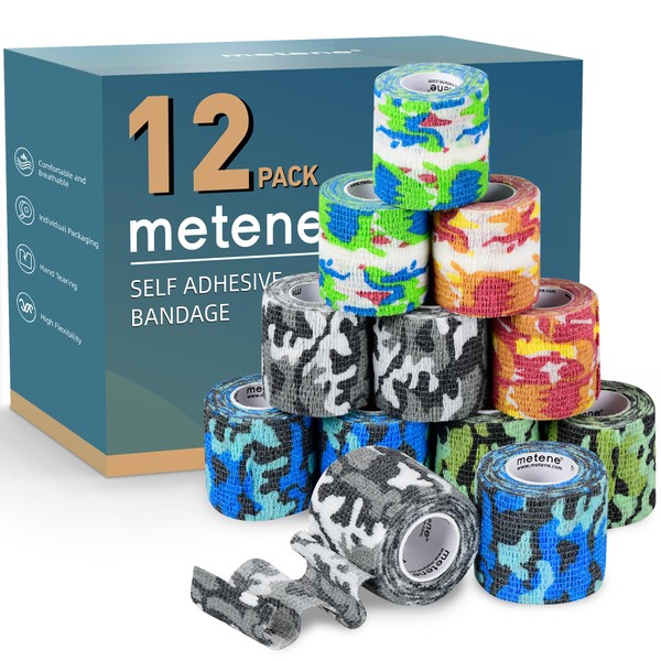 Metene Self Adhesive Bandage Wrap 12 Pack, Athletic Tape 2 Inches X 5 Yards, Sports, Breathable, Waterproof, Elastic for, Wrist and Ankle, Non-Woven (Camo), Camouflage Color