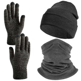 Winter Beanie Hat Neck Warmer Neck Gaiter Touchscreen Gloves Set Cold Weather Gear Unisex, Warm Winter Stretchy Knit Gloves Beanie Hat Windproof Face Cover for Cold Weather Sport(Grey)