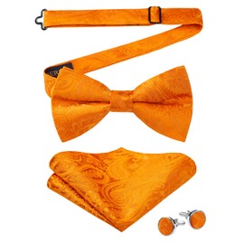 HISDERN Orange Bow Tie Mens Wedding Pre Tied Bow-Tie with Pocket Square and Cufflinks for Formal Business Bowtie Handkerchief Set