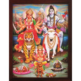 Handicraft Store Shiva with Durga and Ganesha in Himalaya, A Poster Painting with Frame for Hindu Religious Worship Purpose