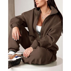 Eisctnd Womens Fleece 2 Piece Sweatsuit Lounge Set Long Sleeve Sweatshirt Jogger Pants Tracksuit Sweatsuit 2024 Fall Sets(Coffee-M)