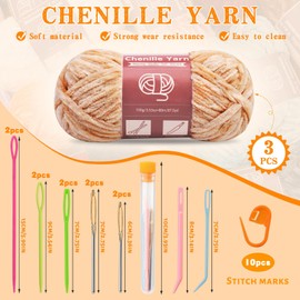 LUNARM 3 * 100g Chenille Yarn, Yarn for Crocheting Knitting with Big Eye Needles, Handcrafts Weaving Soft Chenille Yarn for Making Blankets, Clothes, Pattern Knitting Creations (Light Brown)