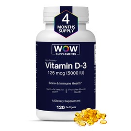 WOW Supplements Vitamin D3 5000 IU Softgels, 125 mcg - Vitamin D3 5000IU Supplement for Strong Bones and Immune Support - Non-GMO, Gluten Free Vitamin D 5000 IU - VIT D3 5000 IU Softgels - 120 Count