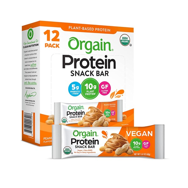 Orgain Organic Plant Based Protein Bar, Peanut Butter - Vegan, Gluten Free, Non Dairy, Soy Free, Lactose Free, Kosher, Non-GMO, 1.41 Ounce, 12 Count (Packaging May Vary)
