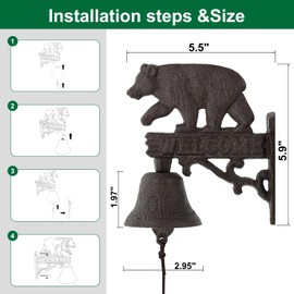 Retro Cast Iron Dinner Clock, Farmhouse Outdoor Doorbell, Bear Shape Decoration Hanging Bell for Yard or Garden, Manually Shaking Doorbell Indoor Outdoor Wall Mounted Ornamental Dinner Bell