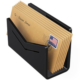 Beego Envelope and Mail Organizer Countertop - Black Acrylic Desk Organizer Letter Holder Desktop File Sorter Bill Document Folder Rack for Office, Home, School Desk Organization