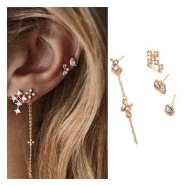 Allereya Vintage Crystal Cross Earrings Long Tassel Chain Dangle Earrings Rhinestone Drop Stud Earrings Gold Cross Chain Drop Earrings Jewellery for Women and Girls