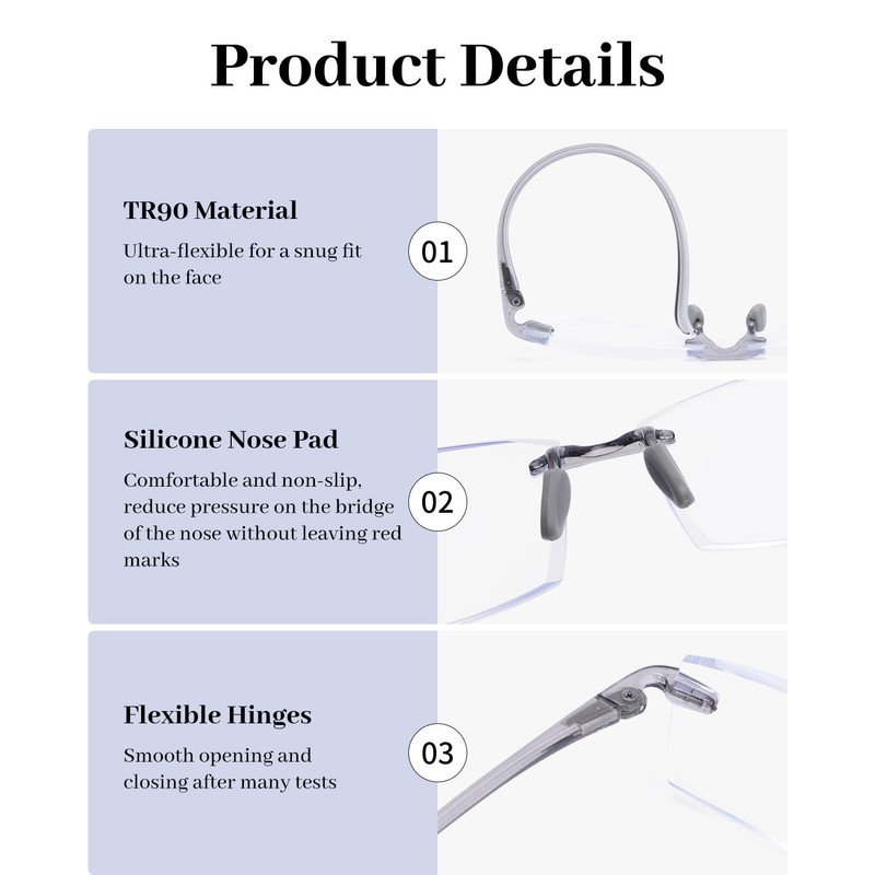 LUFF 3 Pack Rimless Reading Glasses Men Women- Comfortable Frameless