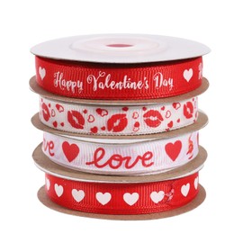 sourcing map 4 Roll Valentine Ribbons 10 Yards 0.4" Grosgrain Ribbon Heart Love Red Lips Pattern for Valentine's Day Decor Gift Wrapping Bouquet