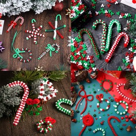 1000Pcs Christmas Tri Beads Plastic Beaded Ornament Kit with 30 Pcs Red and Green Chenille Stems Pipe Cleaners, 30 Pcs Bells and 10m Ribbon for Christmas Tree House Decorations Party DIY Craft Kit