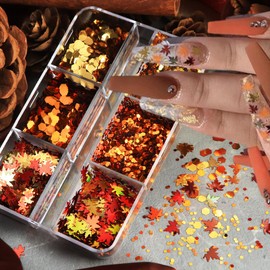 1 Box 6 Color Holographic Hexagonal Nail Glitter Fall Maple Leaf Nail Sequins 3D Sparkly Nail Flakes Laser Gradient Glitter Flakes Iridescent Nail Art Glitter Shiny Nail Sequins Glitter for Nail Arts