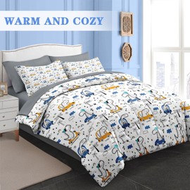 Pamnest Comforter Set Full Size, Funny Car Dinosaur 7 Pcs Bedding for Kids and Adults, Adventure Nursery Dino Bed Sheet Sets with Fitted Sheet 2 Pillowcases & 2 Shams for Bedroom Bed Decor