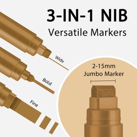 BIGTHUMB 3 Pcs Gold Brown (Tan) Jumbo Permanent Markers: 15mm Wide Tip Thick Acrylic Paint Pen Large Calligraphy Marker for Rock Painting, Poster, Sign, Canvas, Glass, Wood, Ceramic