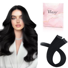 Vlasy Clip in Hair Extensions Real Human Hair, 2 Pcs Seamless Human Hair Extensions Clip in, Straight Black Double Weft Real Hair Clip Extensions 1# 20 Inch