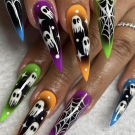 Boloshine Press on Nails Medium Size Almond Spider Web Ghost Natural Fake Nails Press on Nails Full Cover Artificial Nails for Women Girls Nail Art Pack of 24