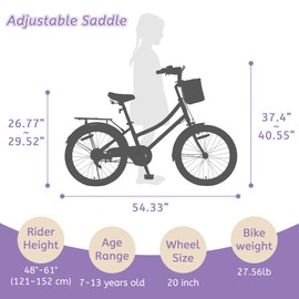 SAHISTCT Girls Bike with Basket, Kids Bicycle for Boys & Girls Ages 7-13 Years Old, 20 Inch Children Bicycles with Kickstand, Multiple Colors