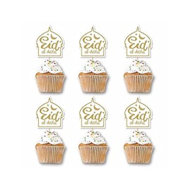 SWYOUN 48PCS Glitter Eid Al Adha Cupcake Topper Party Supplies Islamic Muslim Party Decorations(White)