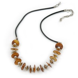 Avalaya Brown Shell Coin and Silver Metal Bead Rubber Cord Necklace/60cm L/7cm Ext