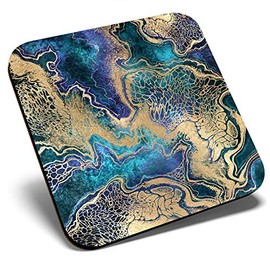 Great Single Coaster Square - Blue Gold Marble Stone Effect |Glossy Quality Coasters | Tabletop Protection for Any Table Type #21256