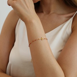 Mauzew 18K Gold Plated Beaded Cross Bracelet for Women Christian Rosary Cross Bracelets Dainty Stainless Steel Minimalist Faith Jewelry Gift Red