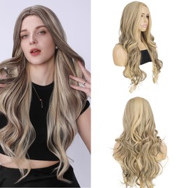 onemily Long Blonde Wig with Brown Highlights for Women Long Wavy Synthetic Wig Middle Part Ash Blonde Wigs For Daily Party Cosplay Costume