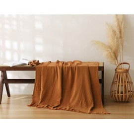 AORISSI 100% Cotton Muslin Throw Blanket for Bed, Couch, Travel, Luxuriously Soft, Pre-Washed, Breathable and Lightweight Gauze Blanket with Tassels, Suitable for All Seasons, Rust, 50"x60"