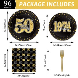 96 Pcs Vintage 50th Birthday Party Decorations Vintage 1974 Birthday Party Tableware for Men Woman Cheers to 50 Years Party Dessert Plates Napkins Forks for 24 Guests Back in 1974 Party Favors
