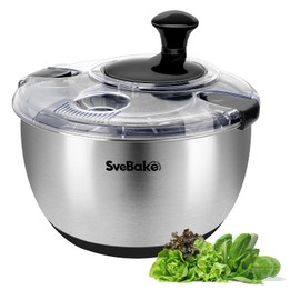 SveBake Stainless Steel Salad Spinner, 4.2 Qt Vegetable Washer, BPA-Free Lettuce Dryer with Crank Design, Dishwasher Safe, Non-Slip Base - Transparent Lid