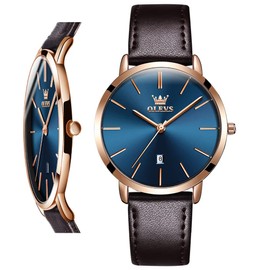 OLEVS Women Wrist Watches Ultra Thin 6.5mm Minimalist Dress Fashion Leather Strap Blue Face Quartz Waterproof Date Day Slim Watches for Ladies