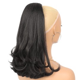 HUOJIE Drawstring Ponytail Warp Hair Extensions, Synthetic Curly Ponytail, Black, 16inch