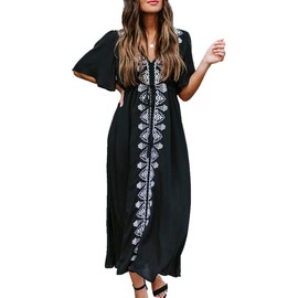 L-Peach Women's Summer Beach Tunic Beach Dress Summer Dress Beach Shirt Maxi Kaftan Swimwear Cover Up - Black embroidery