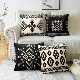 Cheekywares Boho Cushion Cover 45 x 45 cm Black and White Decorative Cushion Covers Aztec Tribal Ethnic Sofa Cushion Decorative Cushion Living Room Bedroom Garden Outdoor Couch Cushion Cover Set of 4