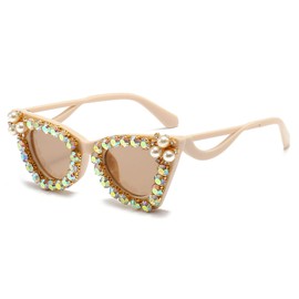 LJCZKA Sparkling Crystal Cat Eye Sunglasses Women Square Rhinestone Pearl Sun Glasses Party Diamond Bling Punk Eyewear