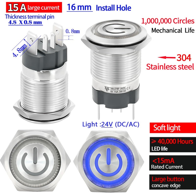 15Amp 16mm Latching Push Button Switch IP67 Waterproof, SPST 1NO,