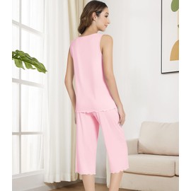 NACHILA Women's Pajamas Set-Viscose Made from Bamboo, Sleeveless Sleepwear Tank Top with Capri Pants V Neck Pjs Set Soft Loungewear Pink X-Large