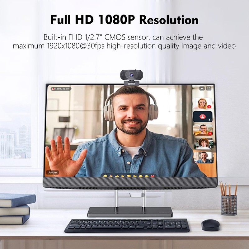TOALLIN 1080P Full HD Webcam with Dual Microphones, Computer Web