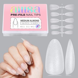 AILLSA Medium Almond Nail Tips 5-Sized L Soft Gel Full Cover Nail Tips No More Waste, Full Matte Pre-filed Acrylic Clear False Gelly Nails Tips for DIY Press On Nail Extensions 100Pcs with Gift Box