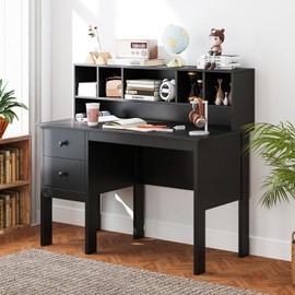 Tangkula Black Desk with Drawers & Hutch, Modern Home Office Desk with Power Outlets, USB Ports & Type-C, Writing Study Desk with 5-Cubby Hutch, Computer Workstation Makeup Vanity Desk
