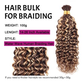 DaiMer Ombre Human Braiding Hair 20Inch Water Wave Bulk Human Hair for Braiding 2 Bundles/Pack 100g Brazilian 100% Unprocessed Bilk Human Hair Honey Blonde Braiding Hair for Boho Braids (4/27)