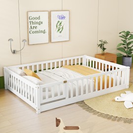 Full Size Floor Bed with Door and Fence for Kids, Montessori Floor Bed with Slats and Safety Guardrails,Solid Wood Full Bed Frame for Girls Boys(Full,White)