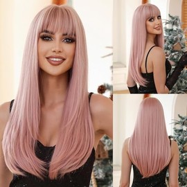 Rose Pink Straight Wig with Bangs Long Synthetic Hair for Women