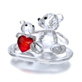 H&D HYALINE & DORA Red Heart Decor Crystal Mother&Baby Bears Glass Bear Animal Figurine Paperweight Decor for Home Office Table