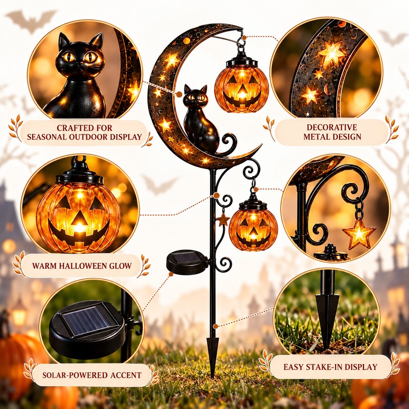 Solar Halloween Garden Stake Light, Black Cat Pumpkin Moon Outdoor